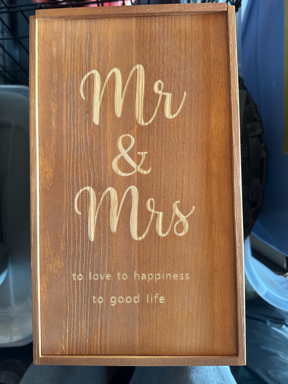 Mr & Mrs Champagne Flutes - Wooden Box - Tan Wood with Cream Text